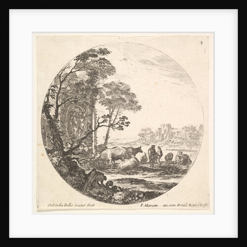 Plate 4: a Corinthian capital on the ground to left in the foreground, a monument w…, ca. 1643-48 by Stefano della Bella