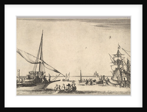 A galley arriving at port to left, several rowboats in center, ships at port to right, fro…, 1639 by Stefano della Bella