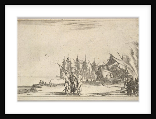 Three men wearing hats standing in center, men fixing a ship to right, five ships and vari…, 1639 by Stefano della Bella