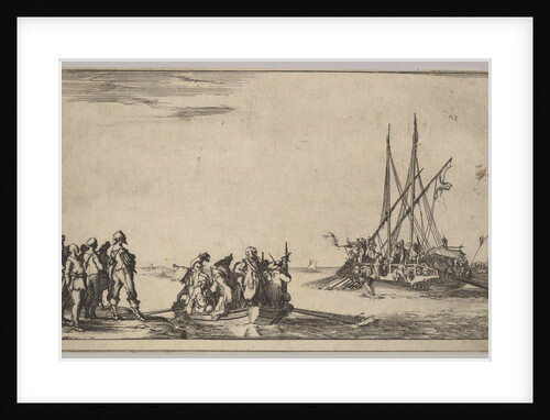 A rowboat full of men in center, a group of men standing on shore at left, a ship full of …, 1639 by Stefano della Bella