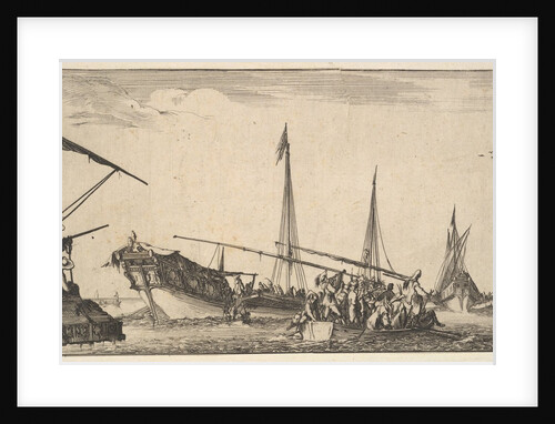 A rowboat full of men at right, a ship with men descending into a rowboat behind to left…, 1639 by Stefano della Bella