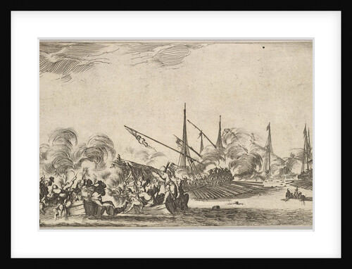Combat between several rowboats and ships, two groups of men in rowboats fighting to left…, 1639 by Stefano della Bella
