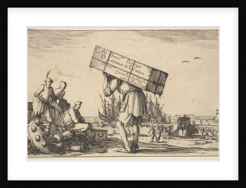 Title page: a man carrying a case on his back in center, three men looking towards him on …, 1639 by Stefano della Bella