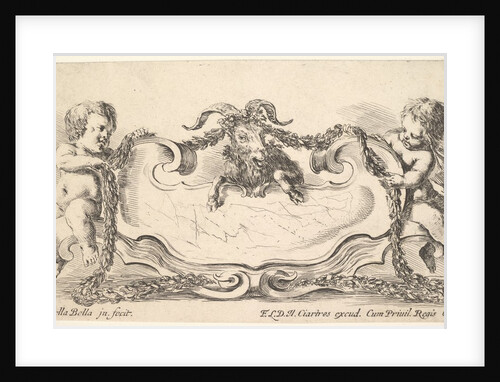 Plate 17: a cartouche with a marble center, an infant on either side holding a garland ove…, 1646 by Stefano della Bella
