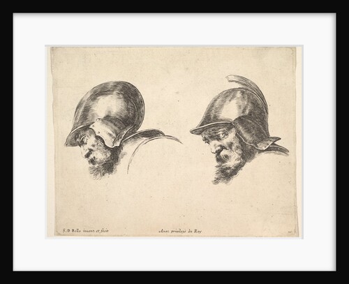 Plate 10: two heads of old soldiers wearing helmets, both facing left and looking down…, ca. 1641 by Stefano della Bella