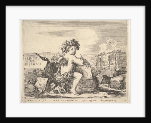 Plate 1: the genius of drawing, a child with wings, seated on a rock in center turned …, ca. 1641 by Stefano della Bella