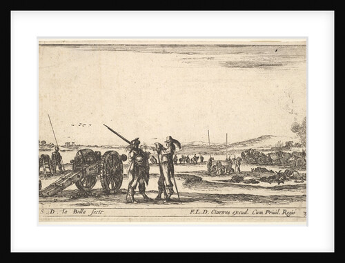 Plate 3: An officer giving orders to a solider in centre foreground, cannon at left, f…, ca. 1641 by Stefano della Bella