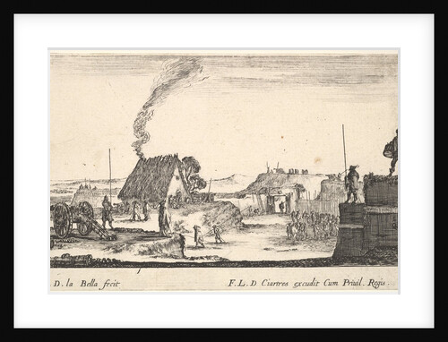 Plate 4: A military encampment with a soldier standing on a parapet to the right beati…, ca. 1641 by Stefano della Bella