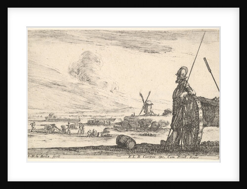 Plate 5: A Pikeman standing at right next to a canon, other military figures in the ba…, ca. 1641 by Stefano della Bella