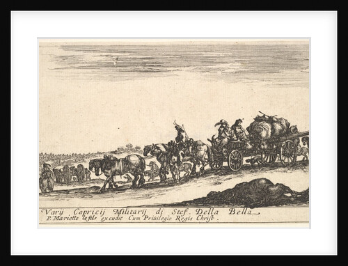 Plate 1: A horse drawn cart carrying people and goods, dead horse in the foreground, f…, ca. 1641 by Stefano della Bella