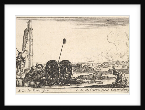 Plate 2: A cannon to the left, a town in the background, from 'Various Military Capric…, ca. 1641 by Stefano della Bella