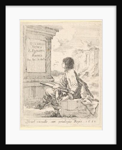 Plate 1: a young man sitting on a stone, facing left in profile, holding a drawing pad in …, 1650 by Stefano della Bella