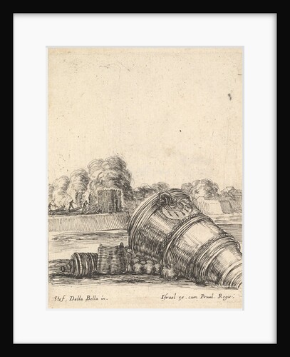 A mortar without a carriage lying on the ground to the right, soldiers firing canno…, ca. 1638-43 by Stefano della Bella