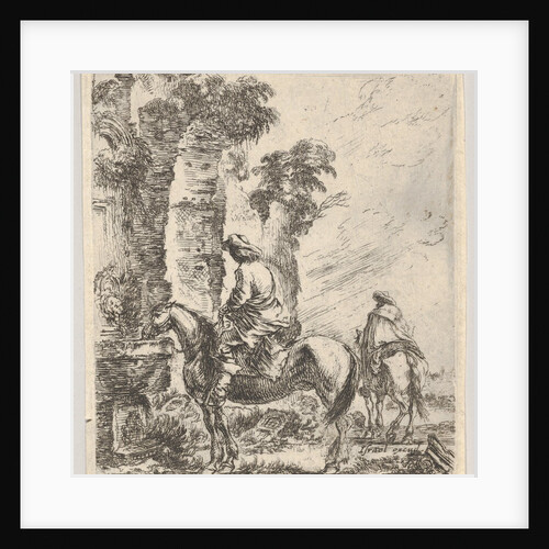 Plate 19: a rider making his horse drink from a basin of a fountain at left, another h…, ca. 1646 by Stefano della Bella