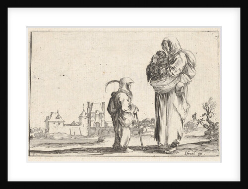 Plate 7: a peasant woman carrying a child to right, speaking to another child standing…, ca. 1642 by Stefano della Bella
