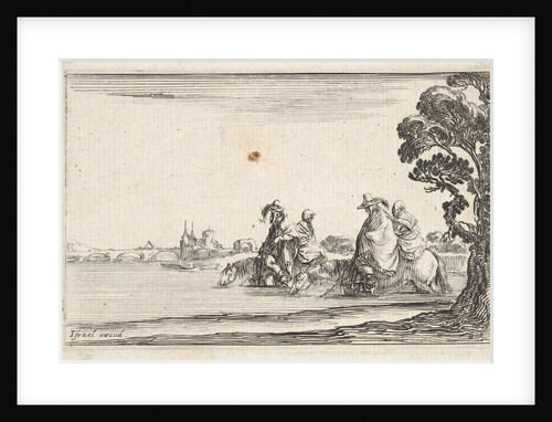 Plate 8: two horsemen in hats at right, each with a woman seated behind them, riding t…, ca. 1642 by Stefano della Bella