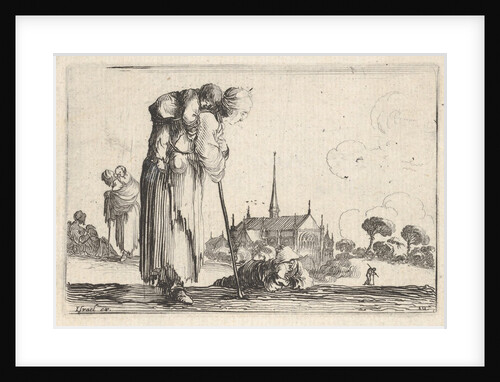 Plate 10: a peasant woman turned towards the right with a child on her back, a boy lyi…, ca. 1642 by Stefano della Bella