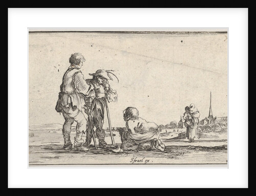 Plate 13: two peasants standing to left, a cripple kneeling on the ground in center, a…, ca. 1642 by Stefano della Bella