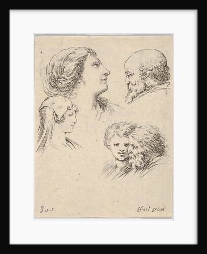 Plate 9: five heads, two young women at left, a bearded man at upper right, a young wo…, ca. 1649 by Stefano della Bella