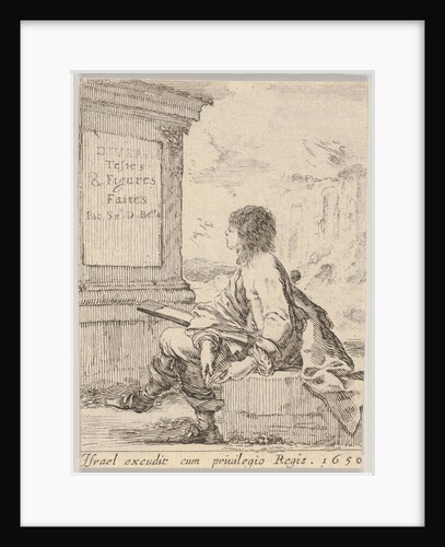 Plate 1: a young man sitting on a stone, facing left in profile, holding a drawing pad in …, 1650 by Stefano della Bella