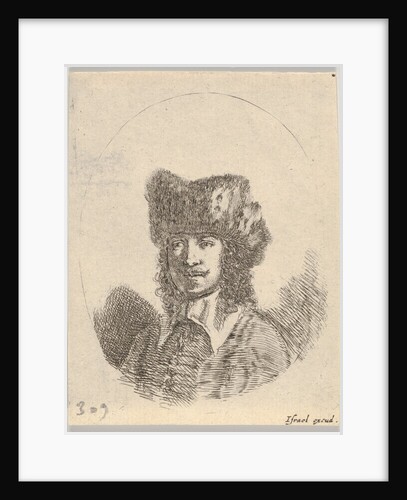Plate 2: head of a man with a moustache and fur cap facing left, an oval composition, from…, 1650 by Stefano della Bella