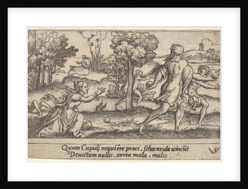 Atalanta and Hippomenes, in the foreground Atalanta kneeling to pick up an apple an…, ca. 1535-62 by Virgil Solis