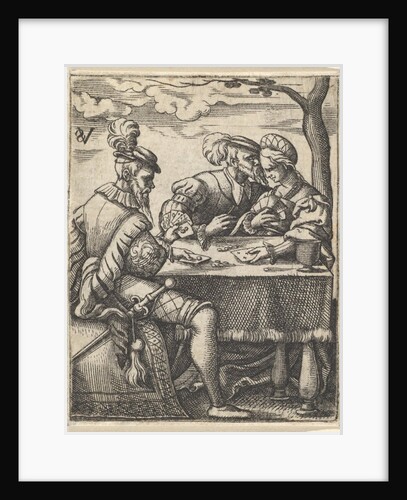 Two men and a woman playing cards at a table, one man pressing his nose toward the …, ca. 1535-62 by Virgil Solis