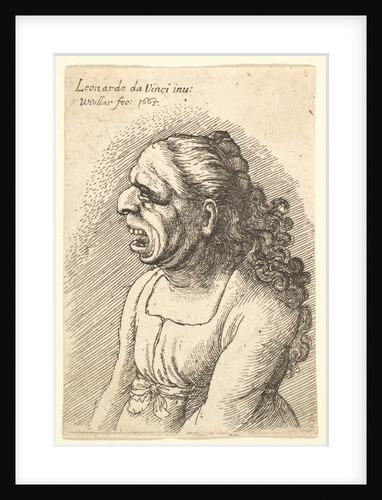 Bust of woman with wide-open mouth and long curly hair falling over her shoulders, wearing…, 1665 by Wenceslaus Hollar
