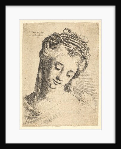 Bust of a young woman with elaborate headdress, looking down., 1625-77 by Wenceslaus Hollar