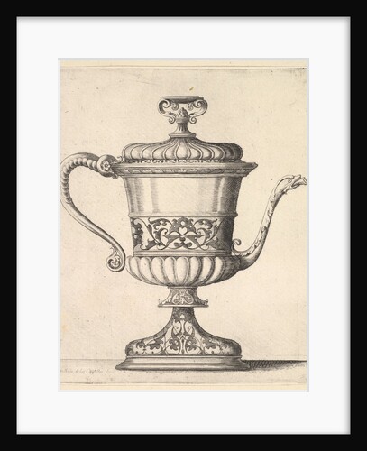 Jug with lid, engraved with arabesque pattern, the narrow spout to right ending in snak…, 1625-77 by Wenceslaus Hollar