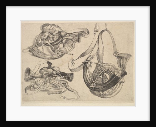 Seven hunting horns in three groupings, 1625-77 by Wenceslaus Hollar