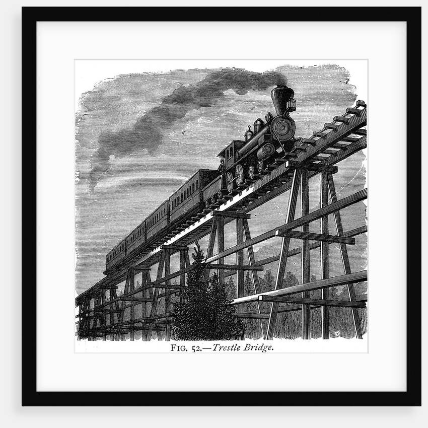 Train crossing a wooden trestle bridge on the Union Pacific Railroad, Wyoming, USA, c1870 by Unknown