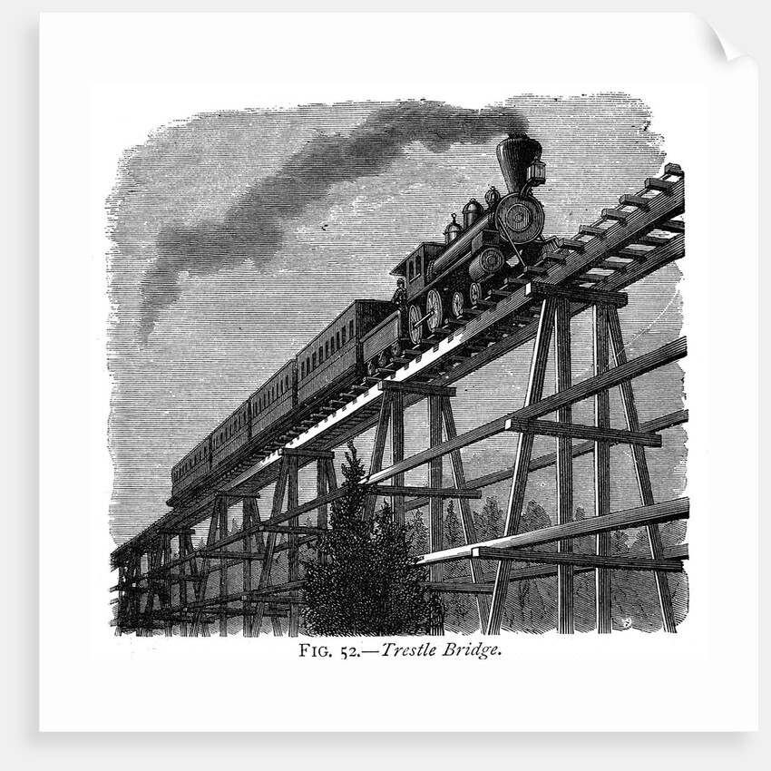 Train crossing a wooden trestle bridge on the Union Pacific Railroad, Wyoming, USA, c1870 by Unknown