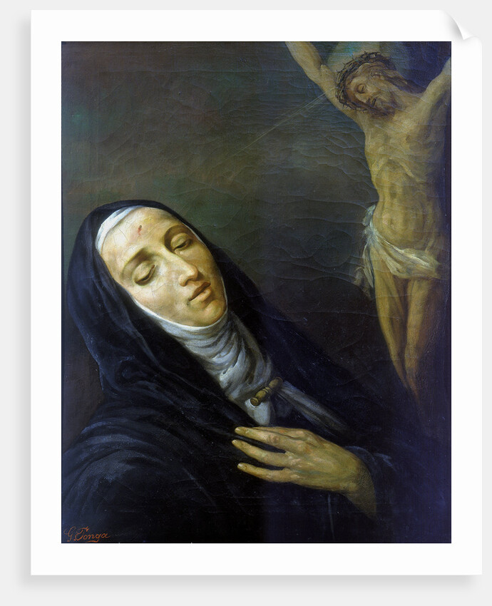 St Rita de Cascia in ecstasy in front of the figure of Christ on the cross, 19th century by Anonymous