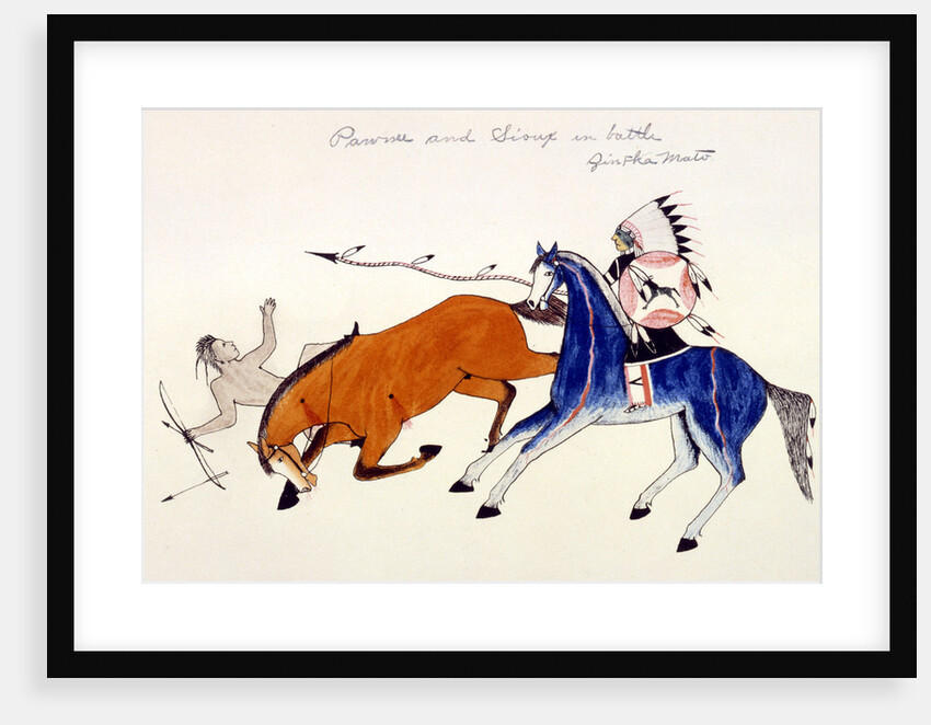 Unhorsing of a Pawnee warrior by Dakota Sioux warrior Zintka Mato (Dog Bear), c1889-1927 by Kills Two