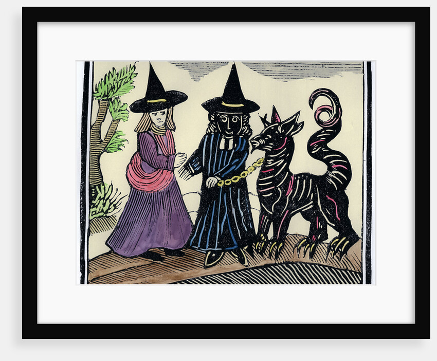 A black and a white witch with a devil animal by Unknown