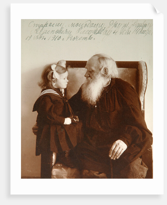 Russian author Leo Tolstoy with his granddaughter Tatiana, Yasnaya Polyana, Russia, c1910. by Vladimir Grigorievich Chertkov