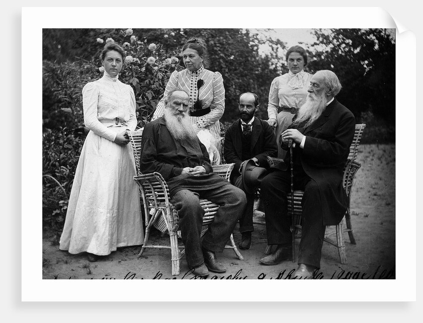 Russian author Leo Tolstoy with visitors, Yasnaya Polyana, Russia, late 19th or early 20th century by Unknown