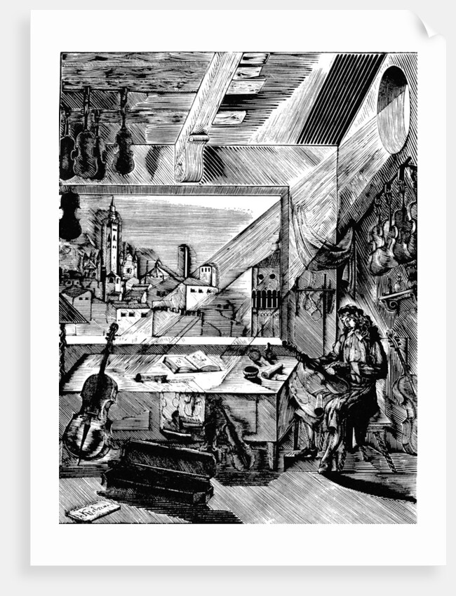 Italian musical instrument maker Antonio Stradivari in his workshop, (1926). by Aleksey Kravchenko