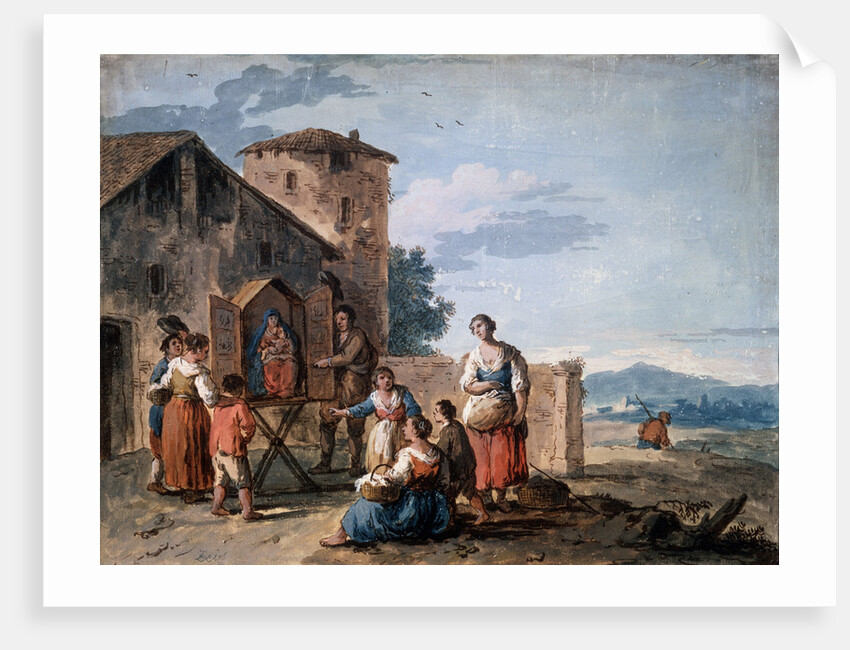 A group of peasants before the tabernacle with the Standing Madonna statue, c1750. by Giuseppe Zais