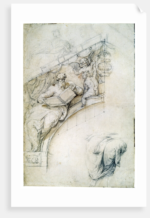 Decoration of a wall over an entrance arch with a Prophet and two Puttos, c1525 by Perino del Vaga
