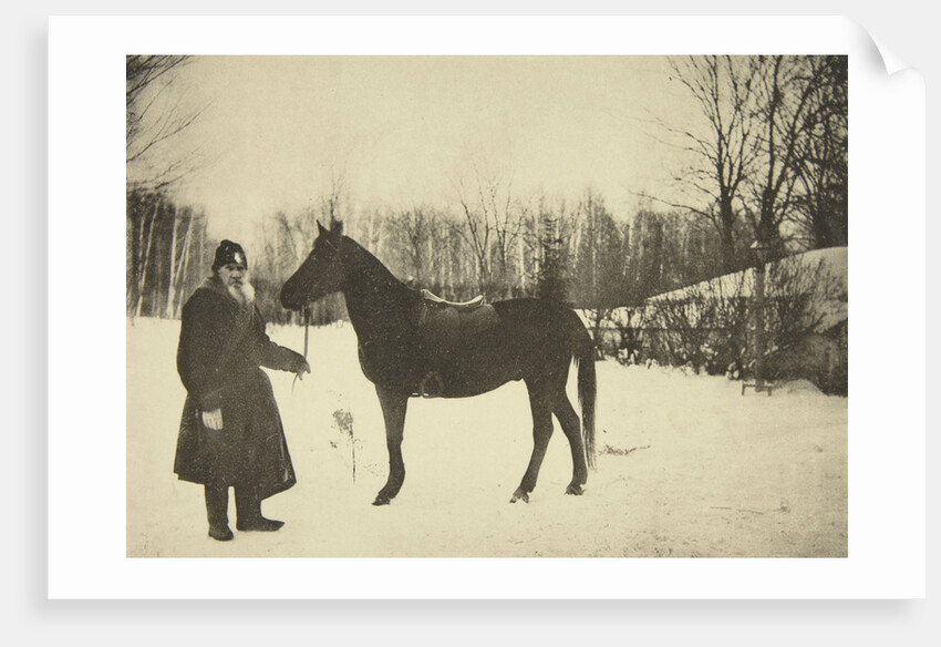 Russian author Leo Tolstoy with a horse, Yasnaya Polyana, near Tula, Russia, 1905. by Sophia Tolstaya