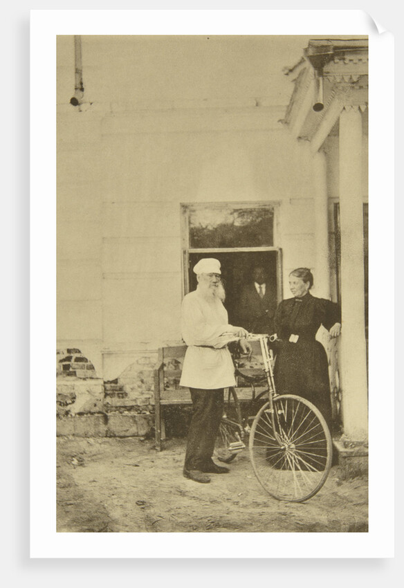 Russian author Leo Tolstoy with a bicycle, Russia, 1890s by Sophia Tolstaya