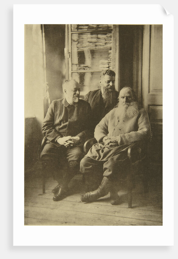 Russian author Leo Tolstoy with politician Mikhail Stakhovich and Mikhail Sukhotin, Russia, 1900s by Sophia Tolstaya