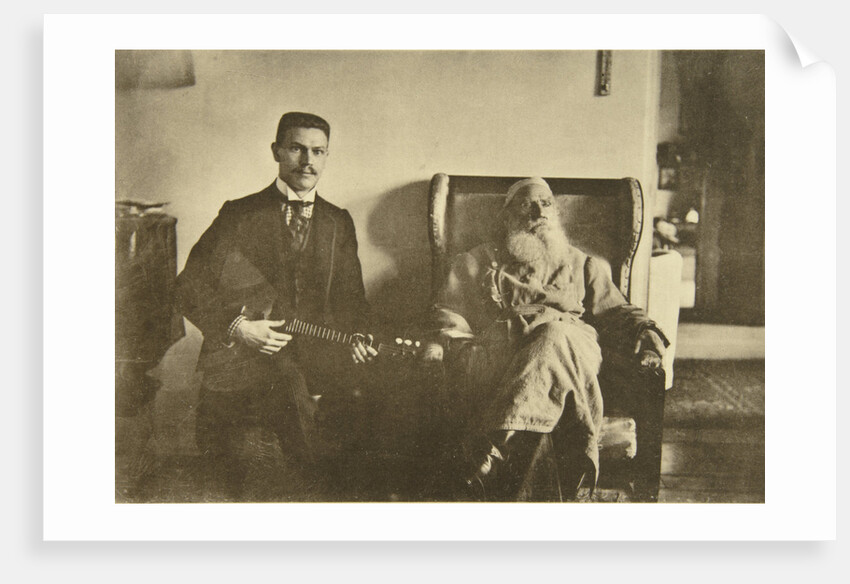 Russian author Leo Tolstoy with the balalaika player Boris Troyanovsky, Russia, 1909 by Sophia Tolstaya