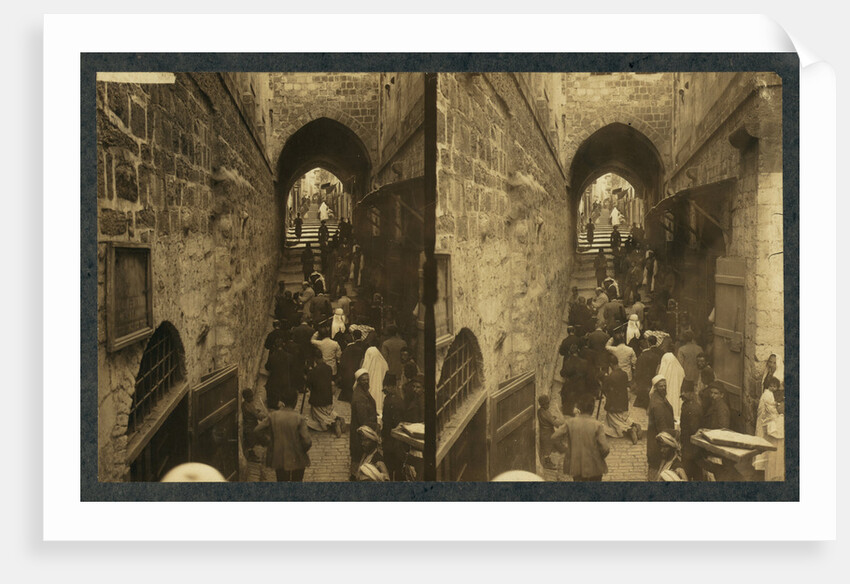 Via Dolorosa, Jerusalem. Pilgrims at station of the Cross (Stereograph), 1913 by Anonymous