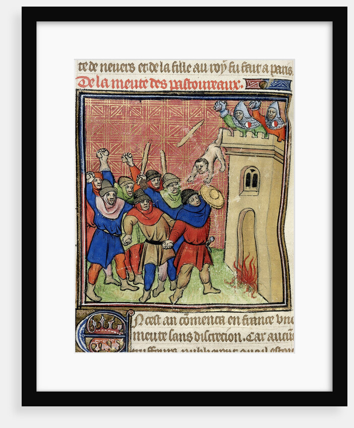 Detail of a miniature of the Third Crusade of Pastoureaux. Jews throwing their children from a tower, after 1380 by Virgil Master