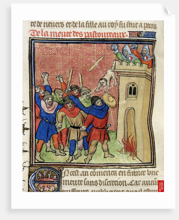 Detail of a miniature of the Third Crusade of Pastoureaux. Jews throwing their children from a tower, after 1380 by Virgil Master