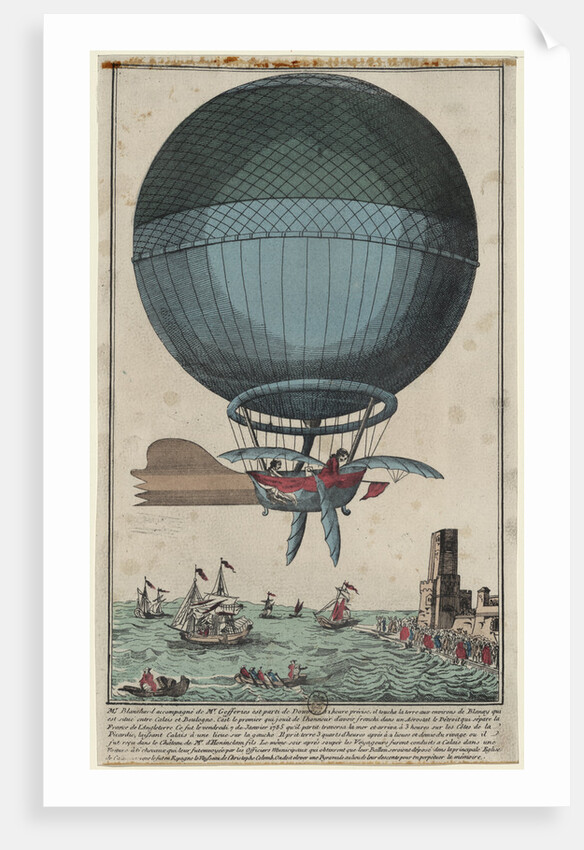 Jean Pierre Blanchard and John Jefferies arriving in Calais after crossing the English Channel in a hot air balloon, 1785 by Anonymous