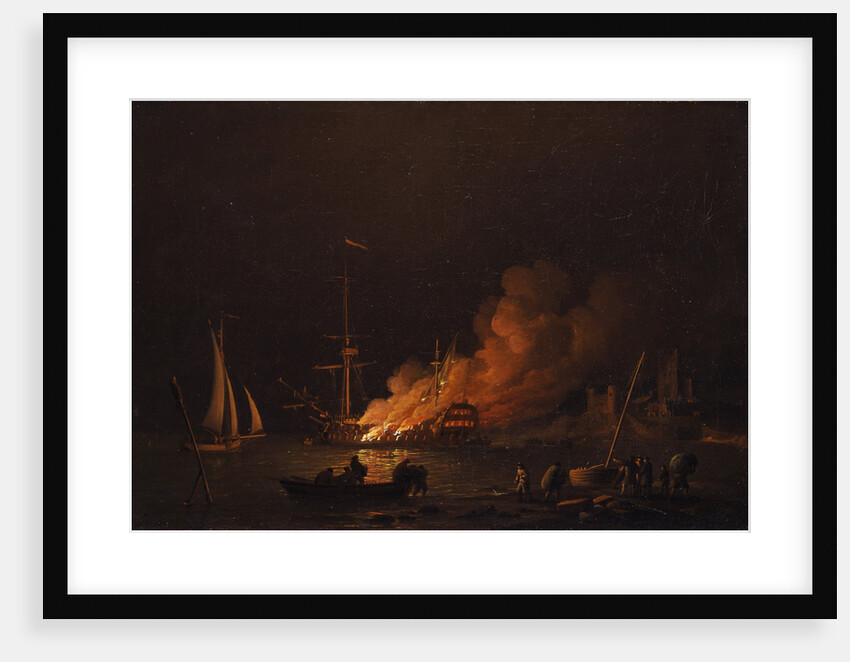 Ship on fire at night, ca 1756 by Charles Brooking